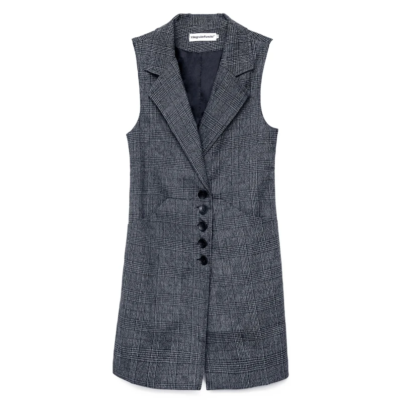 Women's Spring Autumn Sleeveless Blazer lattice Vest Long Vest Waistcoat Female Women Outwear Jacket Pocket Coat Black/gray