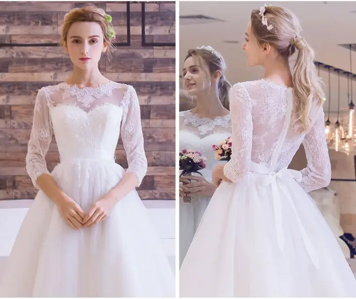 Custom-Made-White-Vintage-Quarter-Sleeve-Wedding-Dress-2017-Knee-Length-Fully-Covered-Back-Lace-Bridal