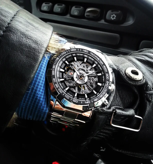 Часы Forsining+ браслет, набор, сочетание серебра, нержавеющая сталь, для мужчин, скелет, прозрачный, механический, мужские наручные часы, часы