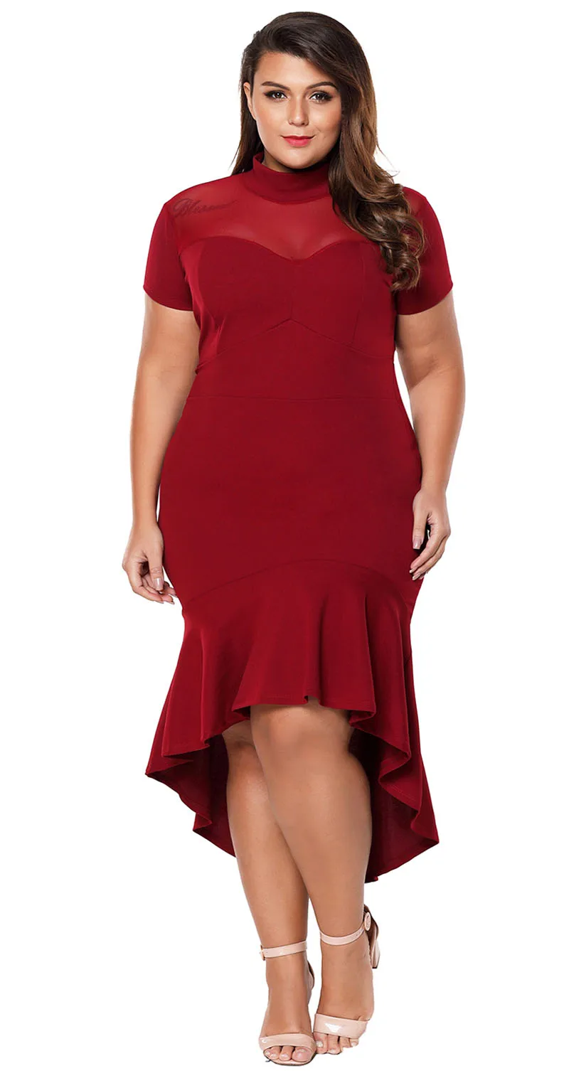 Burgundy-Mesh-Insert-Ruffled-Hi-low-Hem-Curvy-Dress-LC61661-3-6