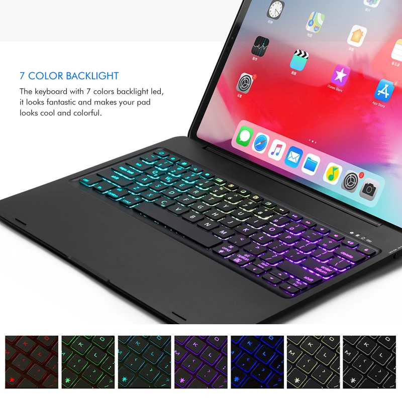 [Новое] Bluetooth Беспроводной клавиатура чехол для Apple iPad Pro 12,", думаю, что клавиатура с 7-Цвет со светодиодной подсветкой и Smart Sleep/Wake-up