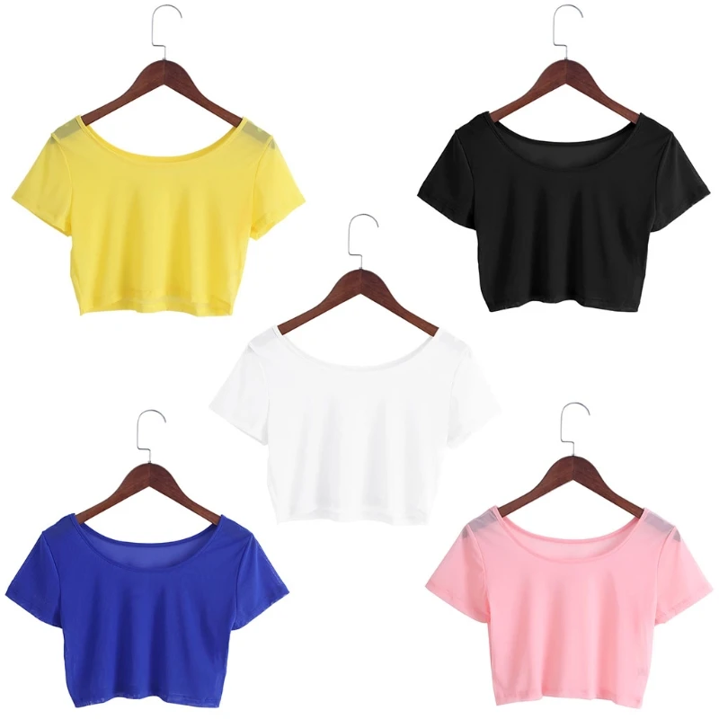 

5 Colors Women Semi-transparent Mesh Crop Tops Girl Short Sleeve T Shirts Tees