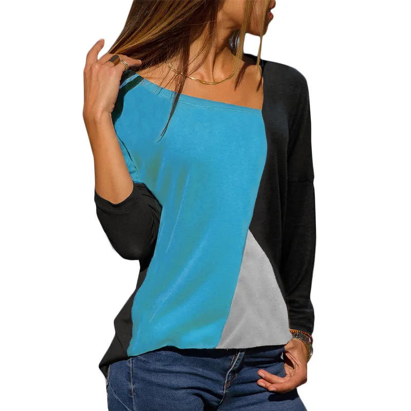 Весенняя летняя футболка с длинным рукавом женская модная Лоскутная цветная хлопковая Повседневная Свободная футболка Элегантная Женская Офисная футболка
