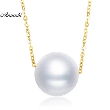 AINUOSHI 18 K желтое золото натуральный культивированный пресноводный жемчужное звено цепи свадебные ювелирные изделия Большой 1 шт. круглая подвеска из белого жемчуга ожерелье