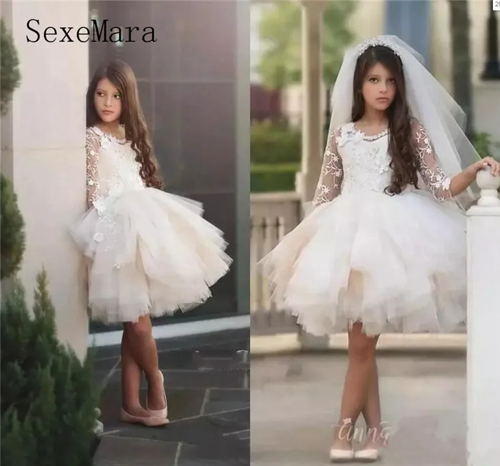 

Ivory White Girls Dresses For Party Jewel Neck Long Sleeves Lace Flowers Knee Length Tiered Birthday Girl Pageant Dress