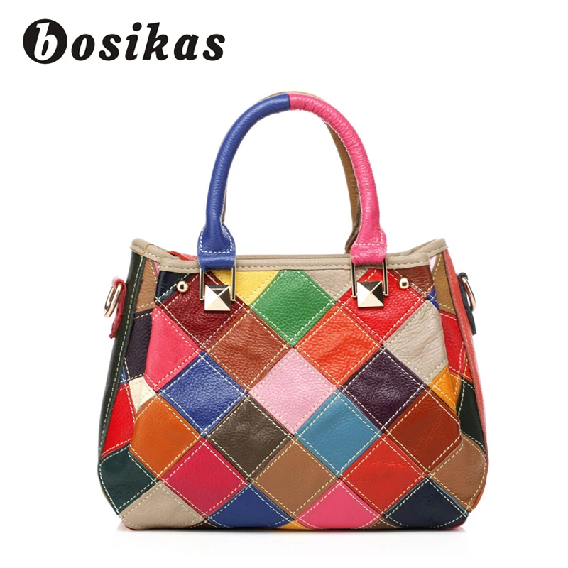 

BOSIKAS Handbag Women Bag Genuine Leather Women Totes Fashion Color Square Lady bag Vacation Shoulder Colorful Stripes Bags 2018