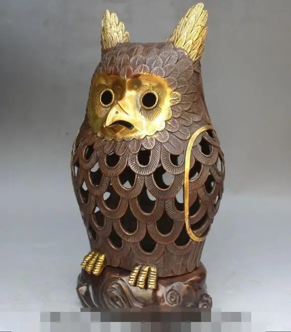 

S2322 15" Chineser FengShui Folk Bronze Gilt Owl Noctua Incense Burner Cneser Statue
