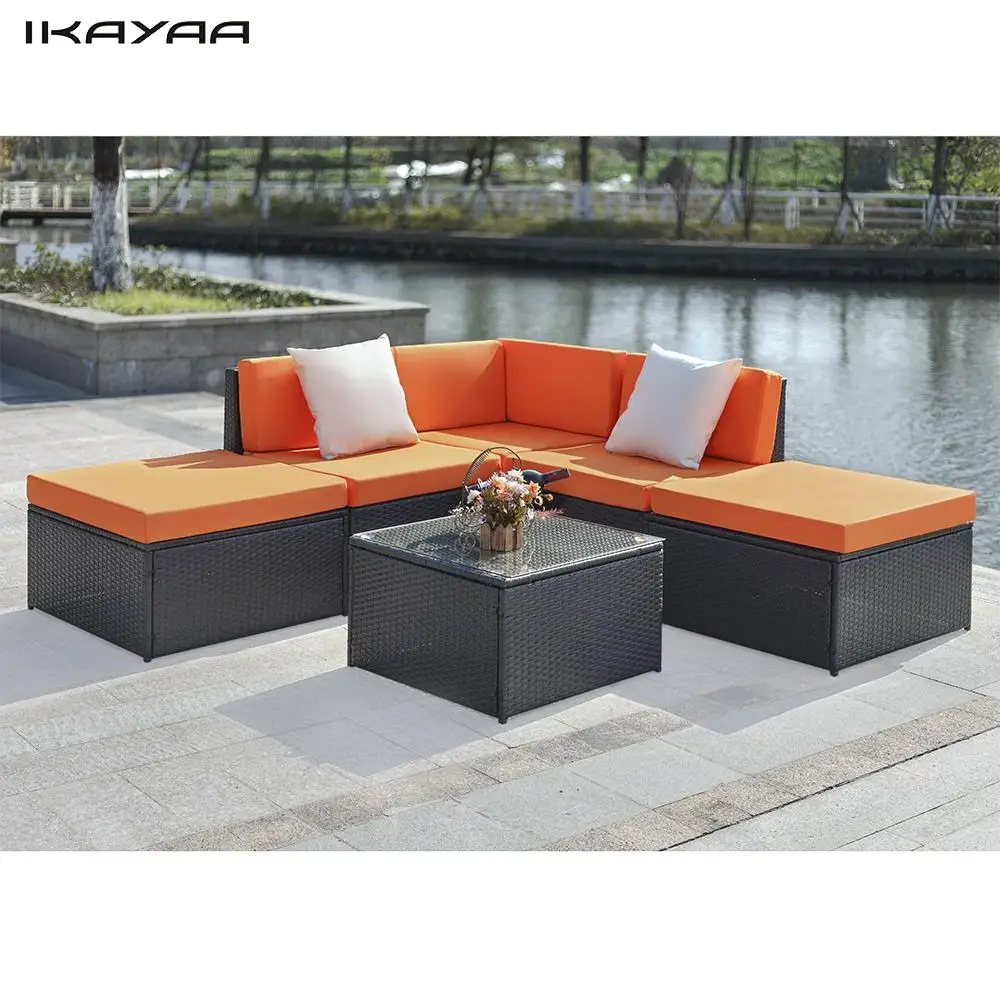 IKayaa 6 PCS Cushioned Rattan Conjunto de Móveis de Jardim Do Pátio Ao Ar Livre Sofá de Canto Sofá Secional de Vime Conjunto De Mesa DE Estoque