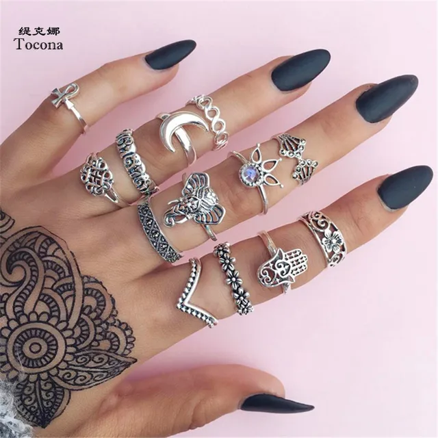 Tocona 13pcs/Set Bohemia Elephant Crown Flower Crystal Rings Set Gold Silver Knu Tocona 13pcs/Set Bohemia Elephant Crown Flower Crystal Rings Set Gold Silver Knu