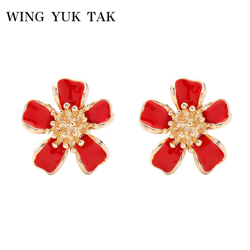 

wing yuk tak Red Enamel Flower Stud Earrings for Women Hot Sales Korean Fashion Jewelry Ethnic Earrings Pendientes Mujer