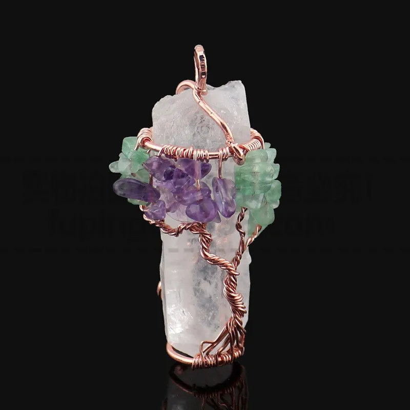 

SEDmart Handmade Green Aventurine Purple Crystal Tree Of Life Pendant Necklace Long Chain Irregular Natural Stone Women Necklace