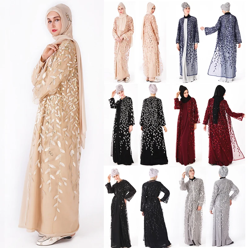 

2019 Mesh Sequin Kaftan Abaya Turkey Women Dubai Cardigan Muslim Dress Ramadan Abayas Women's Caftan Marocain Islamic Clothing