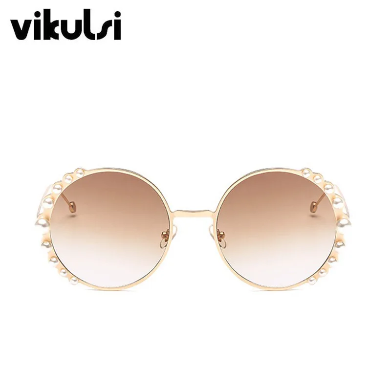 Luxury Beads Round Sunglasses Women Fashion Alloy Frame Brand Pearls Designer Sun Glasses For Female Brown Shades UV400 New - Цвет линз: D549 brown