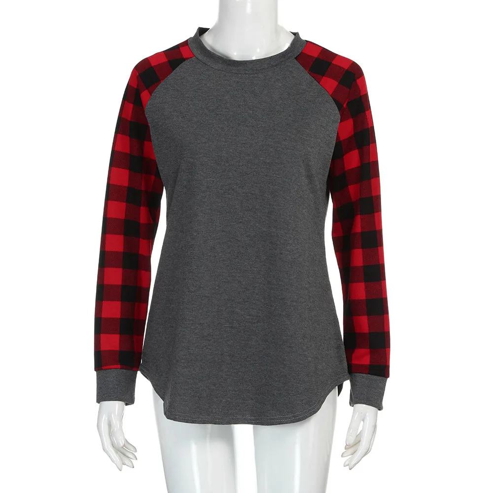 Mujeres o-cuello rojo y negro Plaid Patchwork manga Gary blusa manga larga sudadera Pullover Tops blusa camisa Ropa Mujer SY9 Mujeres o-cuello rojo y negro Plaid Patchwork manga Gary blusa manga larga sudadera Pullover Tops blusa camisa Ropa Mujer SY9