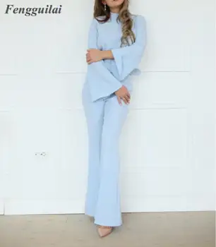 

2019 Women rompers Fashion Elegant Office Workwear Casual Jumpsuits High Neck Bell Sleeve Wide Leg Romper With Belt