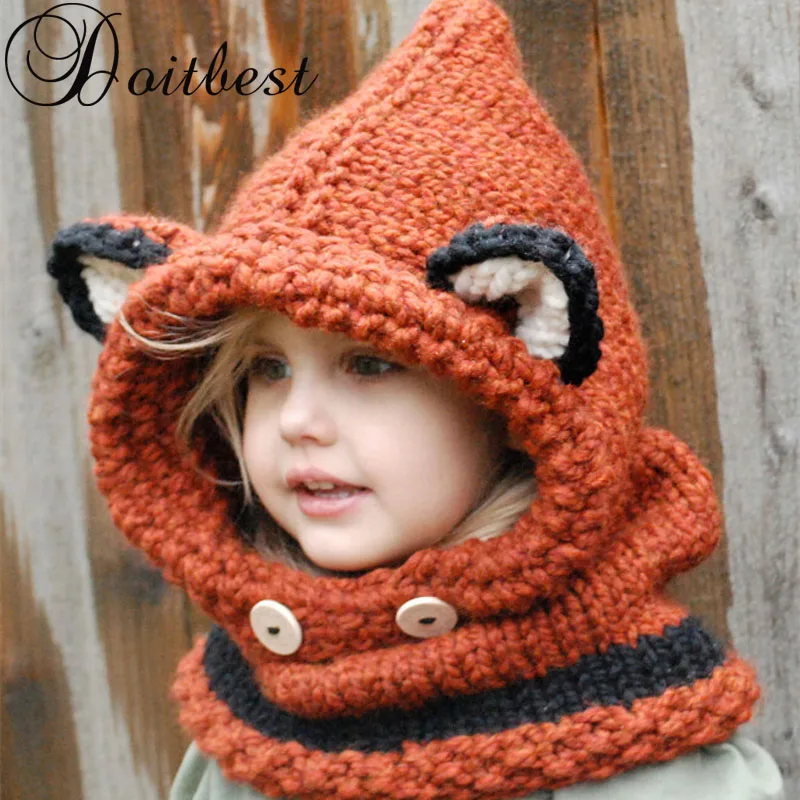 

Doitbest 3-8 Y Fox Ear Winter Hat Windproof Hats Scarf Set Christmas gift For Kids Boys Girls handmade Winter Earflap Cap