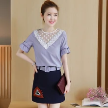 Lace cute style two piece set blouse+skirt Striped Short sleeves embroidery 2 piece set women top and skirt set tweedelige set