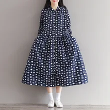 2017 Autumn New Women Literature Chinese Wave Point Printing Long Sleeve Cotton Dress Loose Hot Sale New Cotton Retro Art Navy