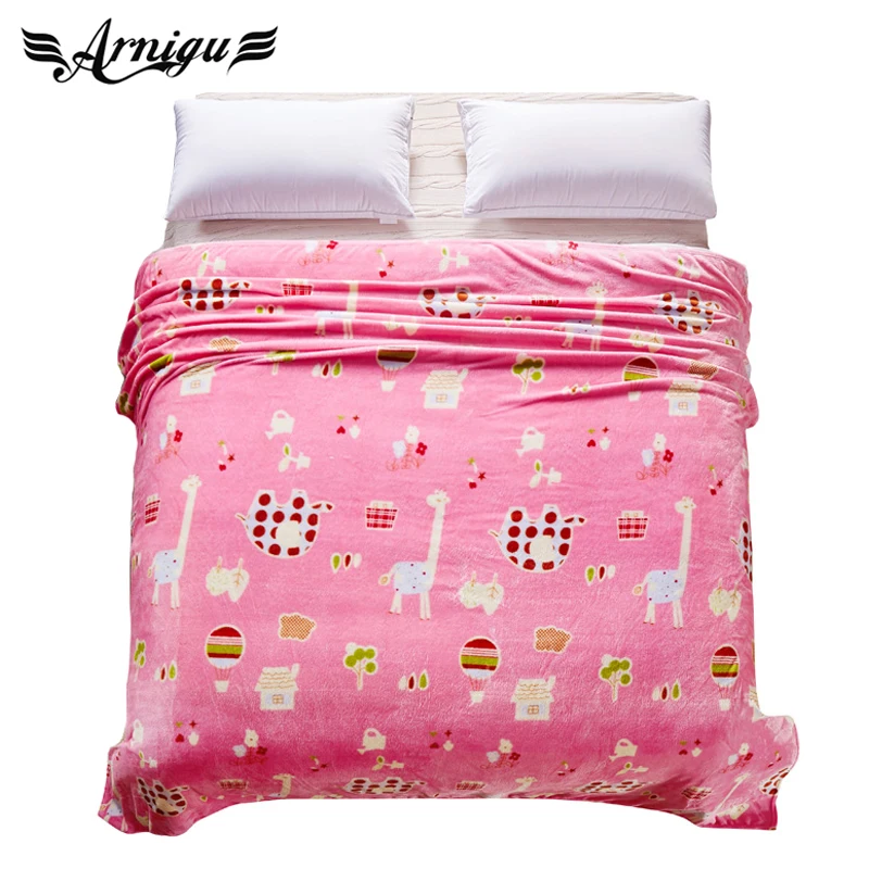 lovely Cartoon zoo print children soft Blankets pink flannel fabric sofa Throw Blanket twin full
