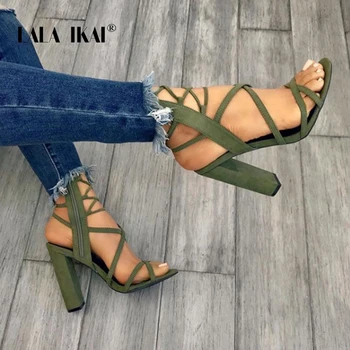 

LALA IKAI Women Summer Flock Sandals High Heeled Square Heels Zipper Closure Gladiator Party Shoes Sapato Feminino 014C1887-5