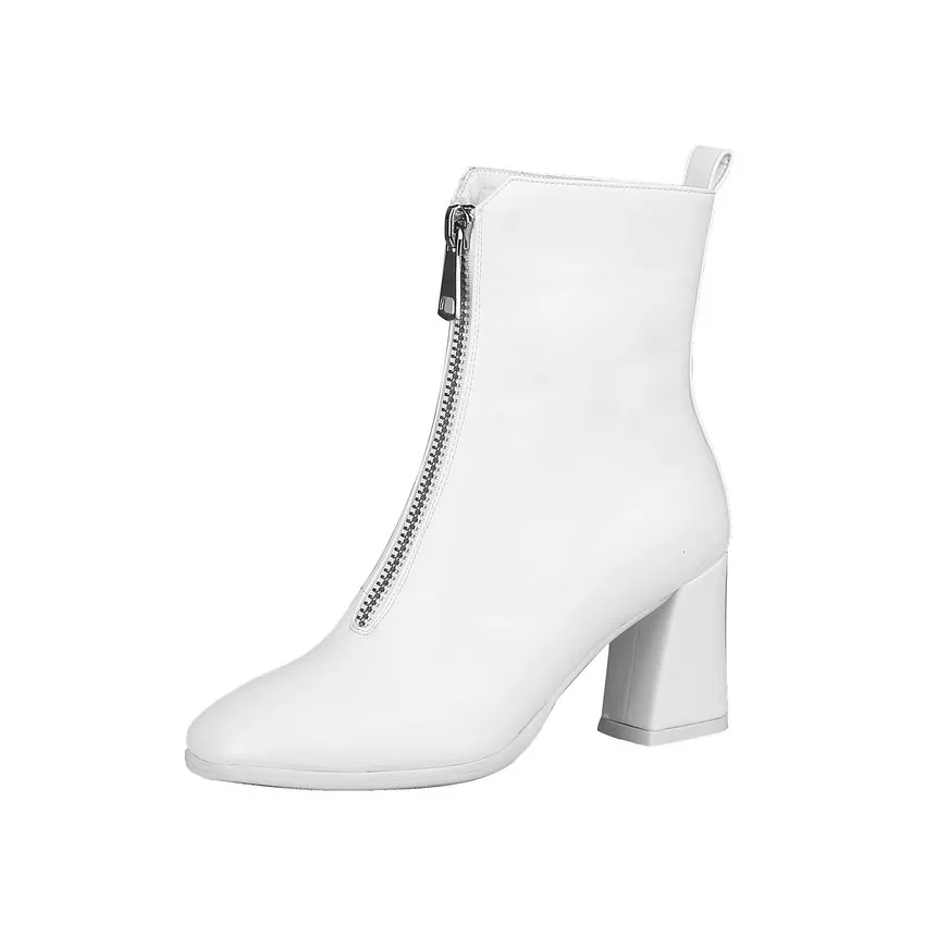 QUTAA/ женские ботильоны зимние ботинки на высоком квадратном каблуке модная женская обувь повседневные женские ботинки из искусственной кожи на молнии размеры 34-43 - Цвет: Белый
