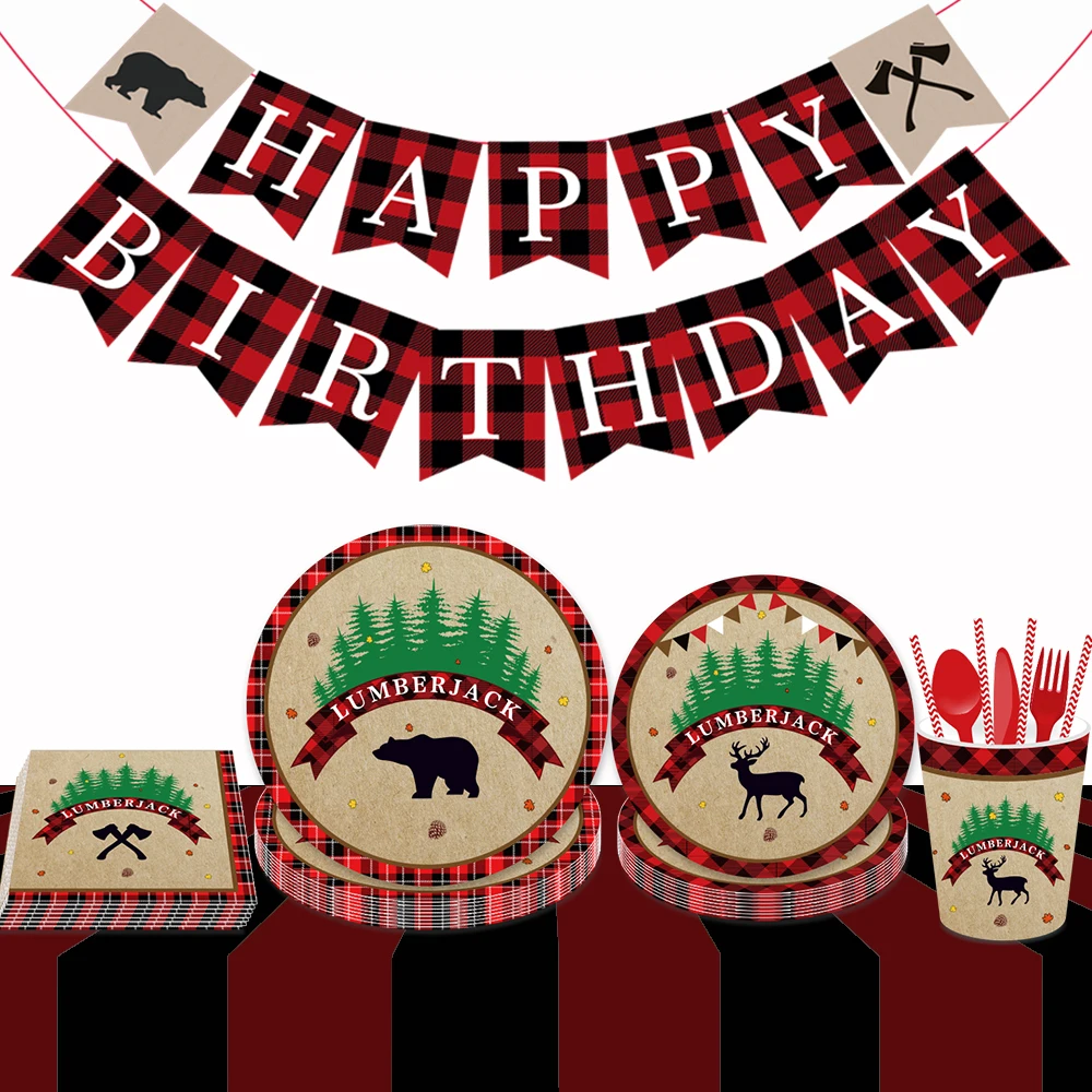 Omilut Lumberjack Birthday Party Disposable Tableware Set Lumberjack Bear Disposable Plates/Cups/Napkins Lumberjack Supplies