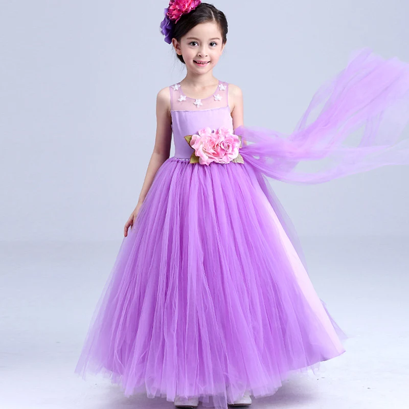 

New Wedding Party Girl Dress Purple Formal Flowers Baby Pageant Dresses Birthday Cummunion Toddler Kids evening gowns Custom