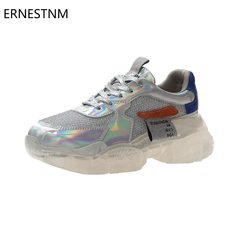 

ERNESTNM Women Sneakers Fashion Breathable Mesh Bling Silver Flat Chunky Crystal Shoes Summer Spring Ladies 2019 Zapatos Mujer