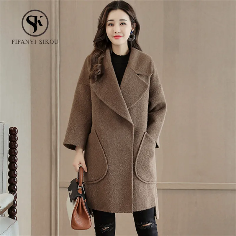 

Winter Women Wool coat Solid color Casual Long Coats Fashion Loose Woolen coat Womens Thick warm Overcoat High quality Outerwear