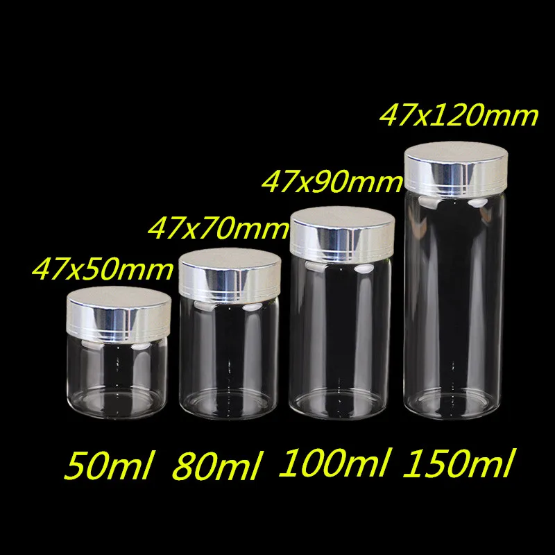 

50ml 80ml 100ml 150ml Large Glass Bottles with Silver Screw Caps Empty Spice Bottles Jars Gift Crafts Vials 24pcs Free Shipping