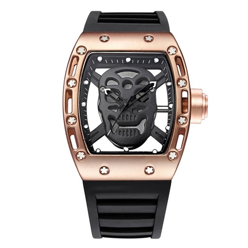 Prix Punk style creux pirate squelette crâne montres hommes tonneau bracelet en silicone étanche horloge mâle lumineux hommes de montre bracelet