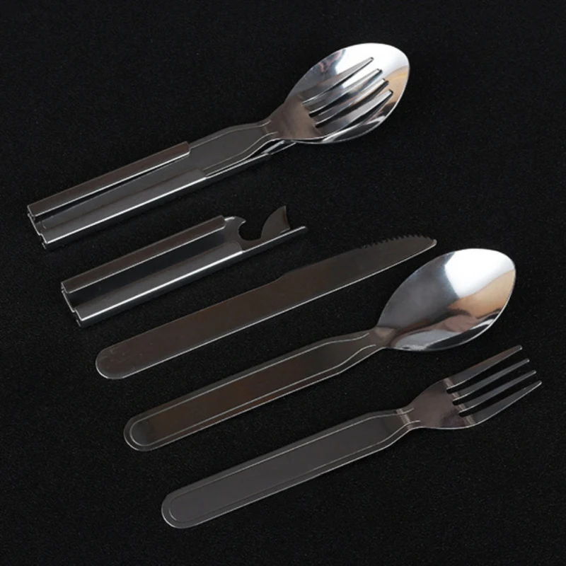 4 unids/set juego portátil al aire libre Camping cubiertos de acero inoxidable cuatro conjuntos de multifunción cuchillo comida cuchara utensilios de cocina