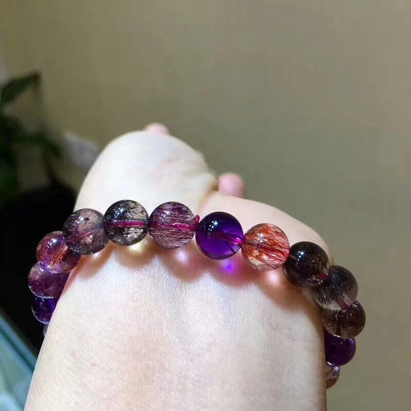 Сертификат 8,2 мм натуральный супер семь Lepidocrocite кварцевый Рутиловый Кварц Браслет Мелодия с бусинами из круглых камешков Кристальный браслет