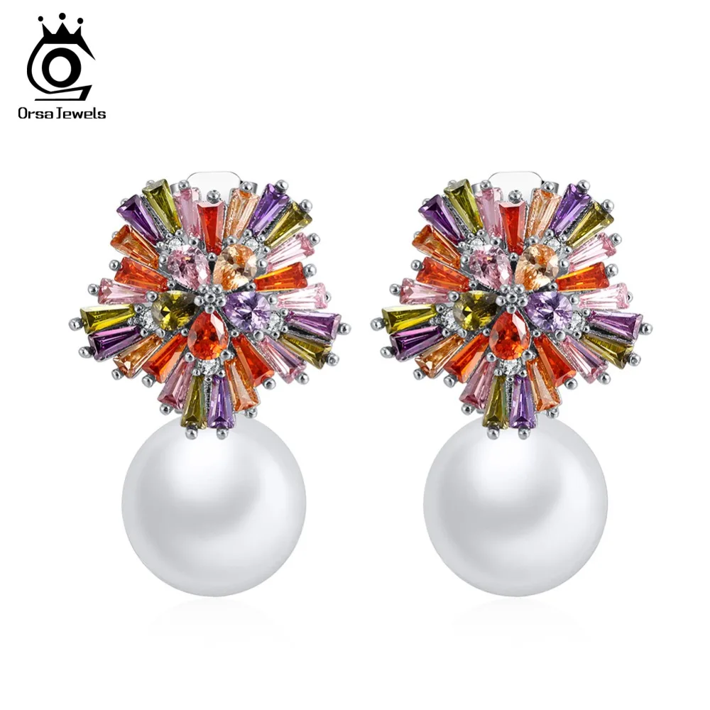 

ORSA JEWELS Fashion Women Stud Earrings Luxury Multicolor AAA Cubic Zircon with Simulated-pearl Party Earring Jewelry OE177-M
