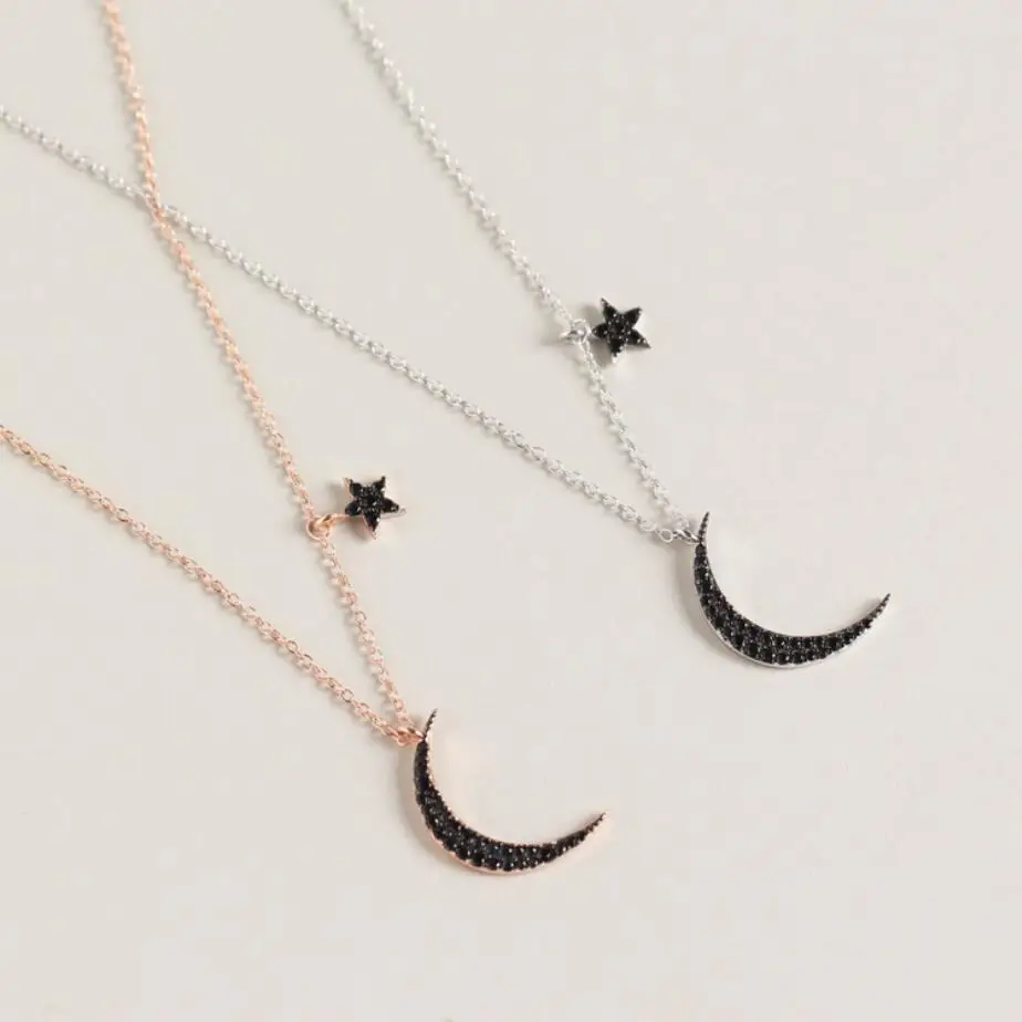 

HRina Black Color Zircon Star & Moon Pendants S925 Sterling Sliver Rose Gold Plated Chokers Necklace with Clasp Extended Chains