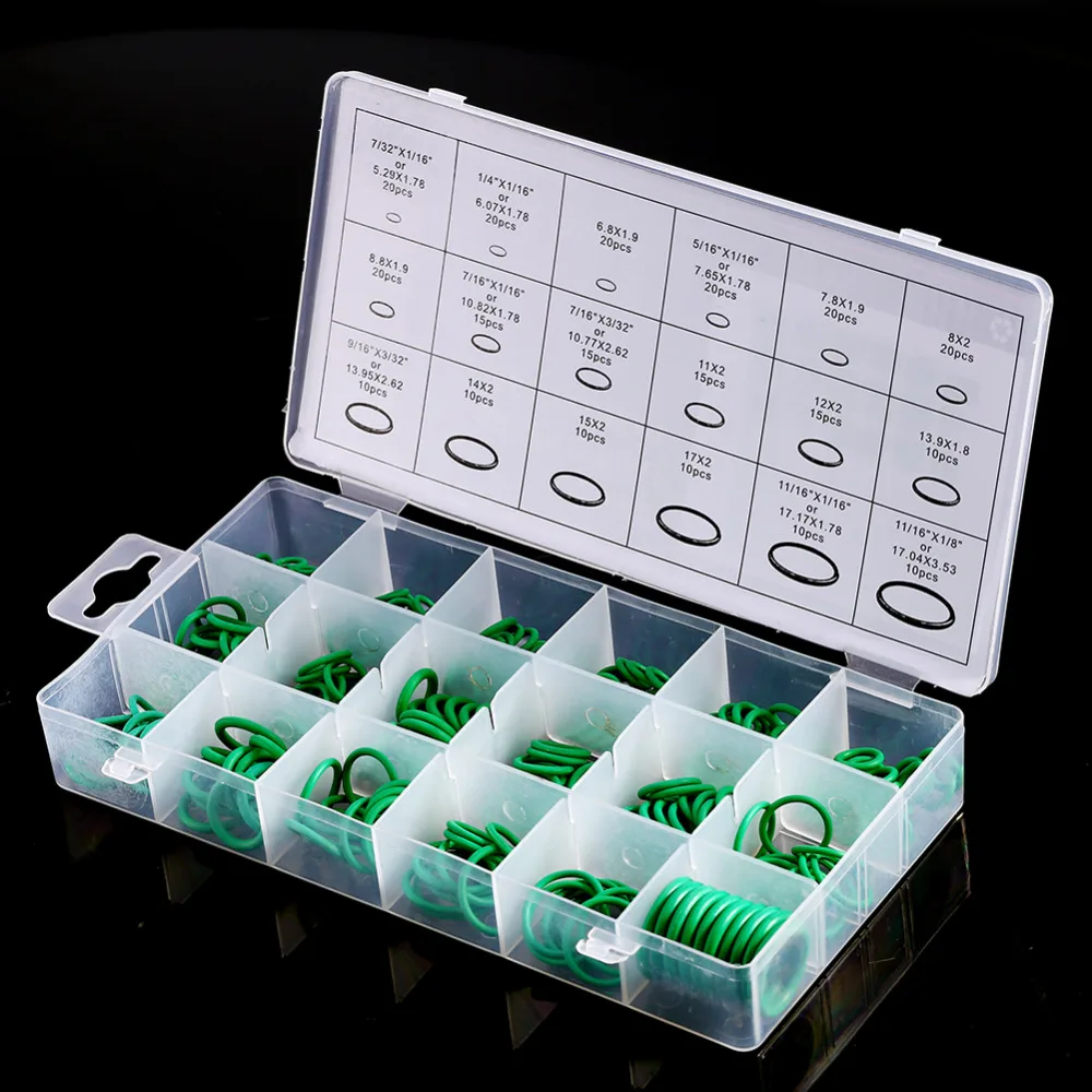 Green 270pcs Compressor O Rings 18 Sizes Car Air Conditioning O-Ring Assortment Rubber Seals Tool Kit with Storage Container 270 pcs Assortment Kit