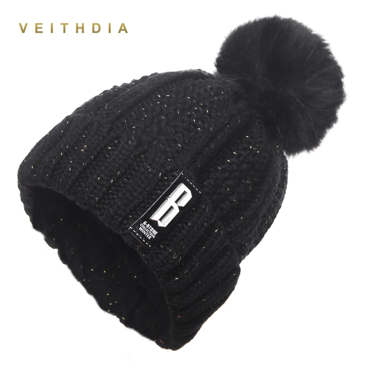 VEITHDIA Новая зимняя женская шапка с помпонами, модные однотонные теплые шапки, вязаные шапочки, брендовая плотная женская шапка - Цвет: Черный