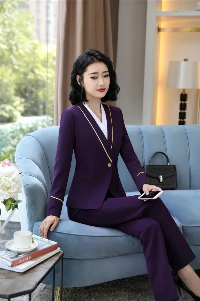 

Formal Women Business Suits Elegant Purple Uniform Designs Ladies Office Work Wear Professional OL Styles Beauty Salon Blazers