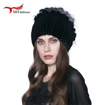 

Warm winter fur hat mink hat with real fox fur ball knitted Skullies copious female fur headdress beanie hat W#14