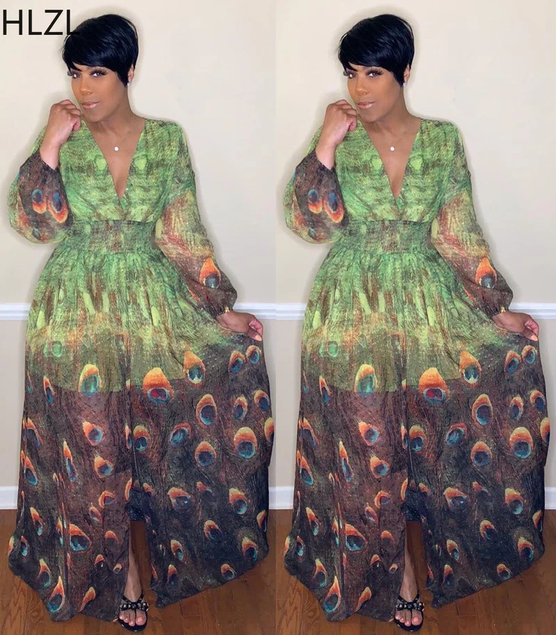 Модное женское Африканское Шифоновое Платье макси с пышными рукавами с принтом "павлиньи перья" с высокой талией v-образный вырез платья
