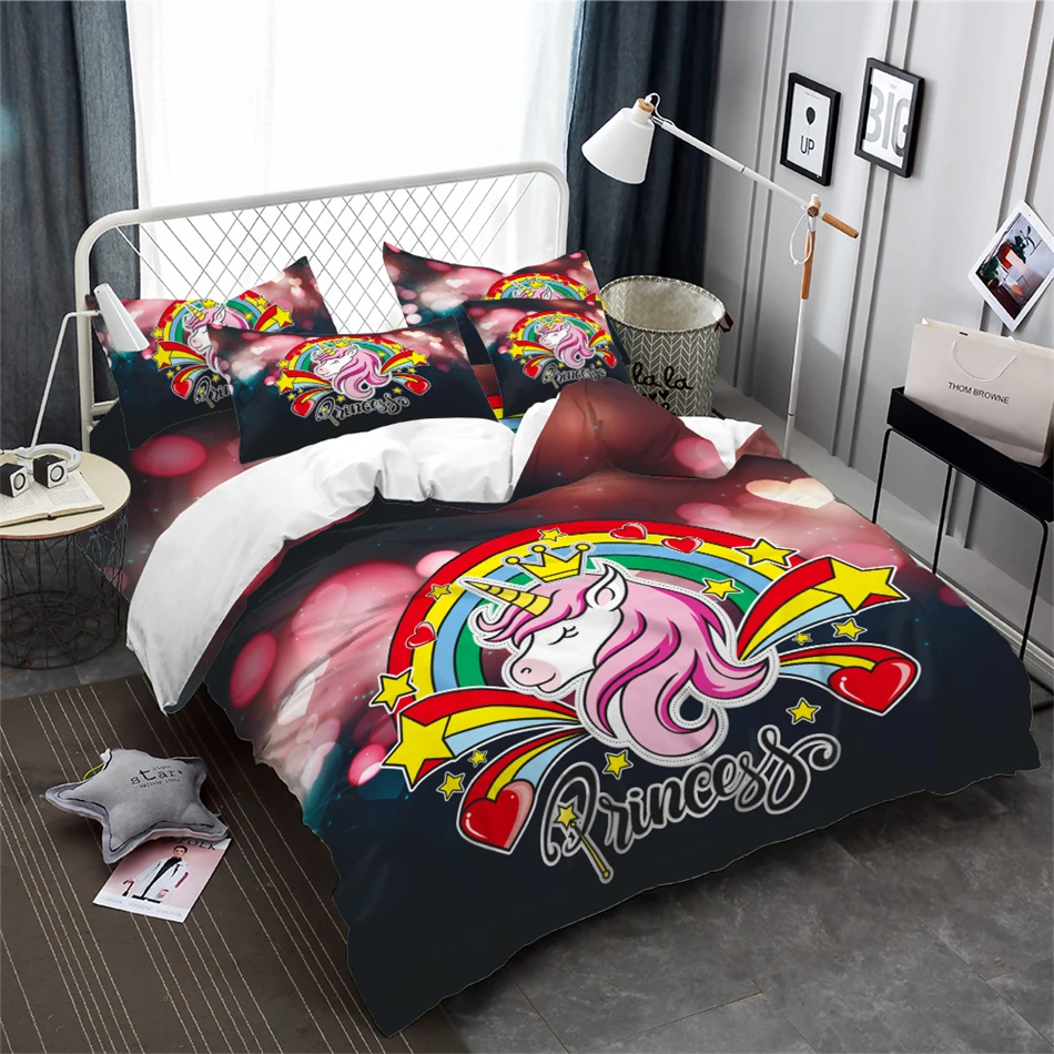 

Romantic Unicorn Bedding Set Colorful Rainbow Heart Print Duvet Cover Set Girls Princess Cartoon Bedding Soft Bedclothes 3Pcs