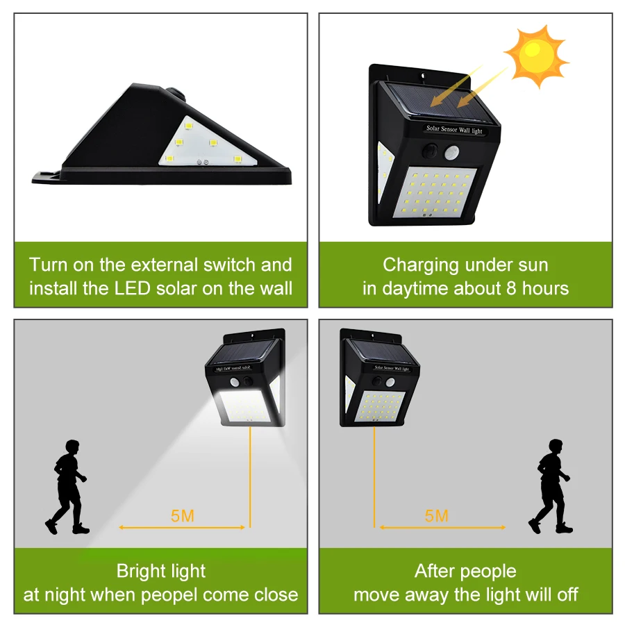 30/40 светодиодный солнечный свет стены лампы на солнечных батареях движения PIR Сенсор Водонепроницаемый светильник Открытый Путь Сад Безопасности Светильник 3 односторонний световой