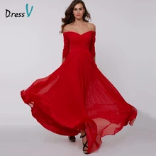 DressV red A-line long evening dress cheap off the shoulder zipper up 3/4 length sleeves pleats ruched chiffon evening dress