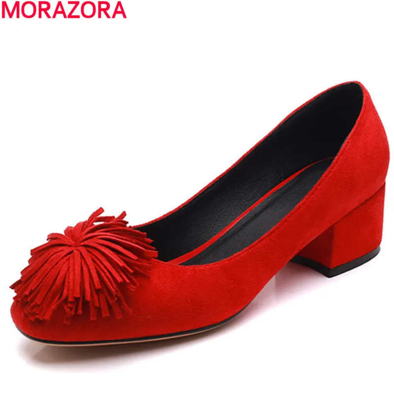 

MORAZORA new square toe spring female pumps shallow slip on high heels square heel sweet wedding shoes ladies shoes size 34-42