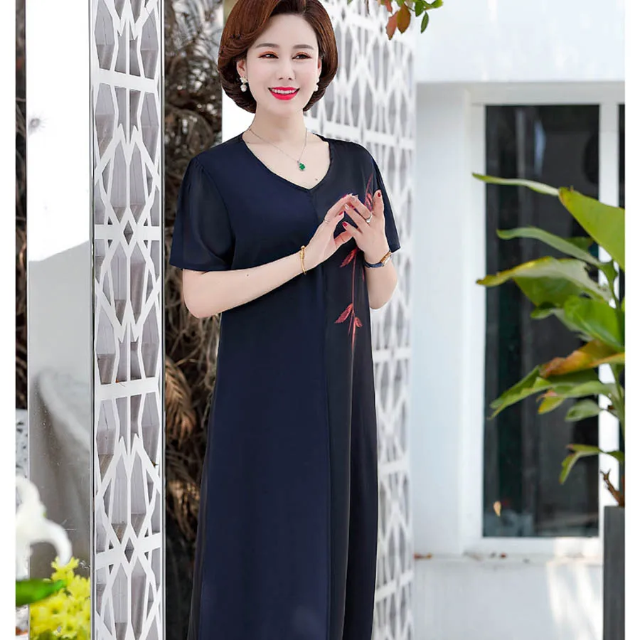 Middle-aged mother short-sleeved dress 2019 new middle-aged female chiffon print PDLY938