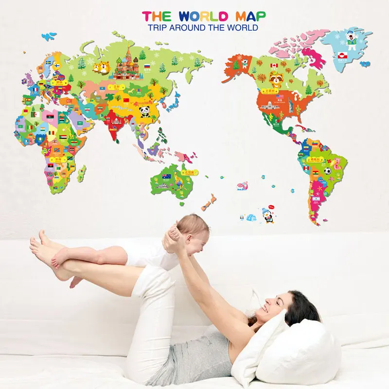 

59*99cm Animal World Map Wall Sticker Vinyl Decal Art Mural Home Colorful Decor Wall Stickers for Kids Children Learning Study