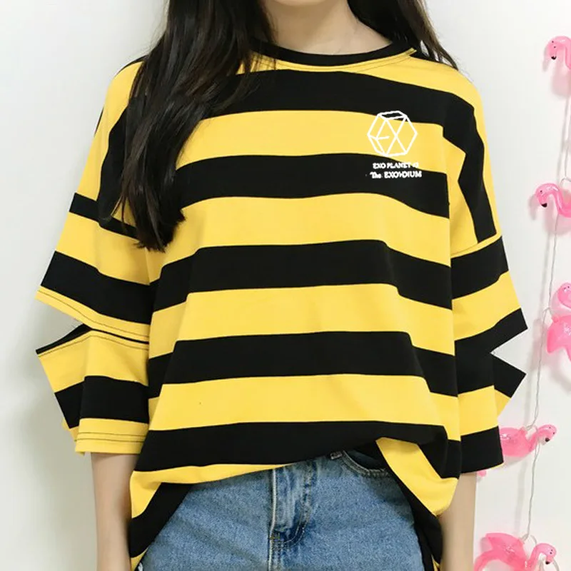 Летняя стильная футболка для девочек и женщин exo в полоску с коротким рукавом и круглым вырезом для фанатов kpop свободная футболка с принтом exo planet один размер - Цвет: Цвет: желтый