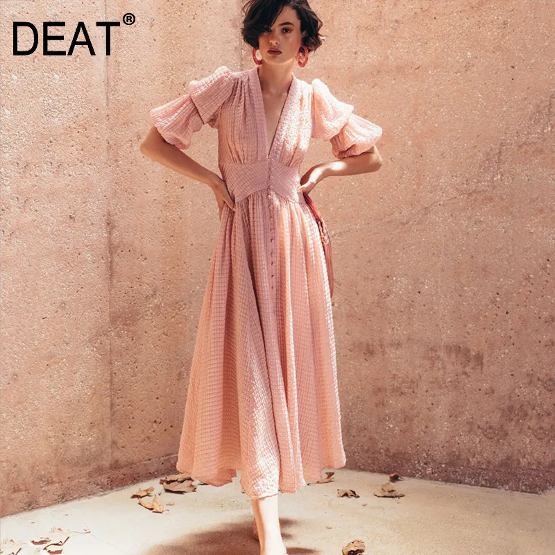 

DEAT 2019 New Summer Fashion Women Clothes High Waist Lantern Half Length Long Vacation Dress Female Vestido WG92511L