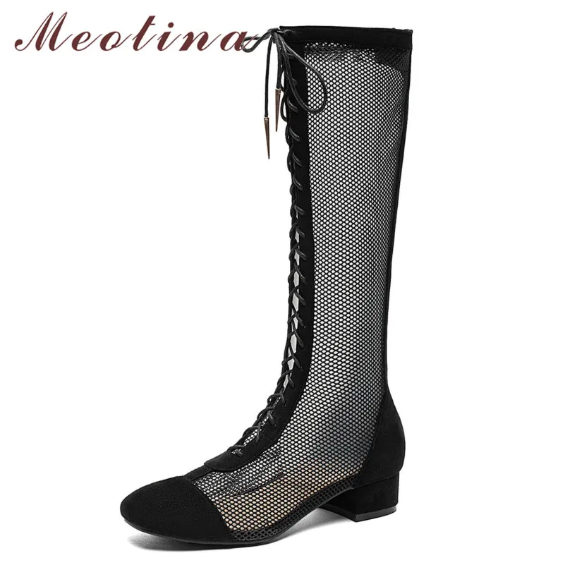 

Meotina Autumn Knee High Boots Women Cow Suede Zipper Block Heel Long Boots Mesh Lace Up Tall Shoes Female Spring Big Size 34-43