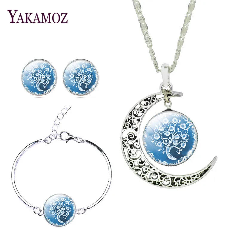 

Vintage Moon Shaped and Glass Cabochon Blue Tree of Life Pattern Pendant Necklace Earring & Bracelet Jewelry Set for Women Party